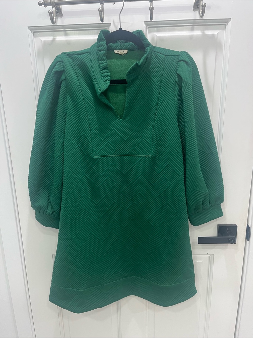 JODIFL Emerald Green Textured V-Neck Puff Sleeve Mini Dress